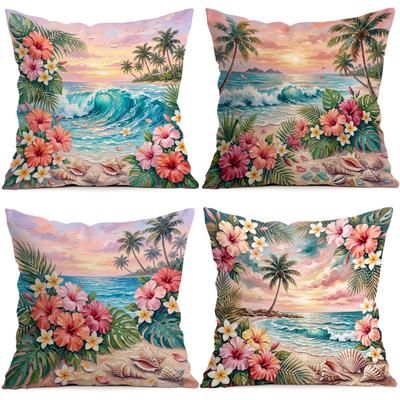 Hawaii Beach Sunset Floral Pattern Cushions Pillowcase Polyester Cushion Cover Throw Pillow Pillowcover Home Car Sofa Decor