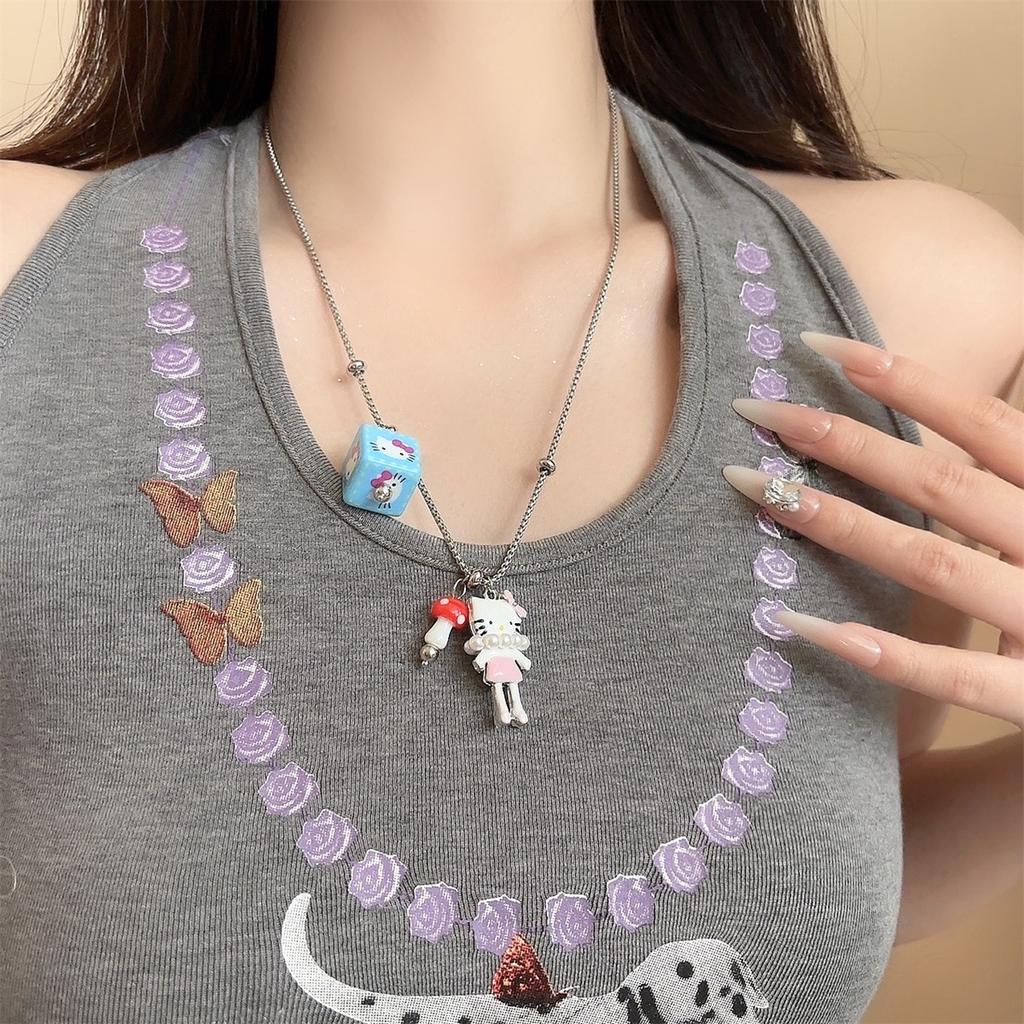 Cute Cartoon Kitty Dice Pendant Necklace for Women, Summer Unique Versatile Clavicle Chain