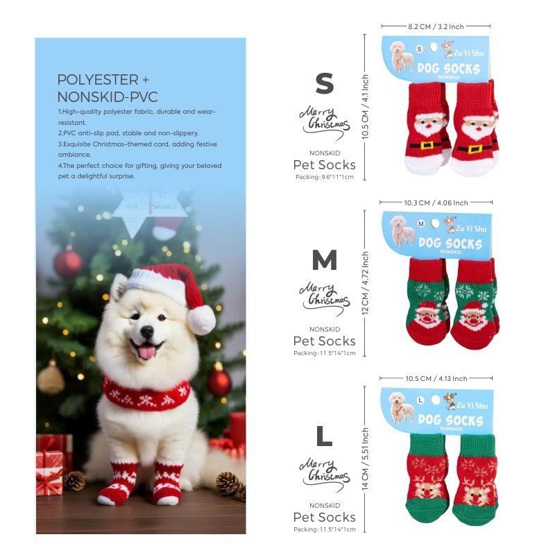 4Pcs/set Christmas Deer Snowman Pet Knitted Socks Winter Warm Indoor Wear Slip On Paw Protector Small Dogs Cat Socks Shoes