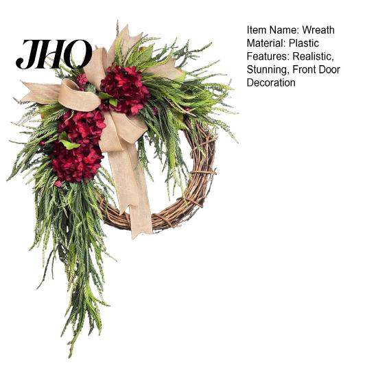Wedding Gift Garland Artificial Hydrangea Wreath for Front Door 16 Inch Lifelike Floral Seasonal Hanging Decor with Burlap Bow Wall Party Home