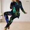Women Plus Size Multicolor Printed Round Neck Long Sleeve Longline Top Fitted Pants Two Piece Set