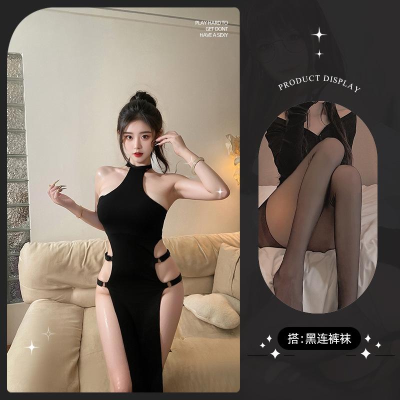 Sex Underwear Sexy Solid Color Neck Sleeveless Hollow Side Split High Waist Tights Dress Women