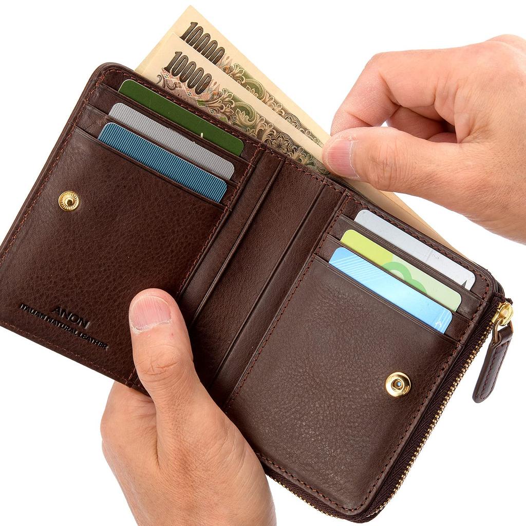 [ANON] Anon Italian Vacchetta Leather L-shaped Zipper Men's Bi-fold Wallet Minerva Box Leather Gentleman's Wallet (Dark Brown) cav624