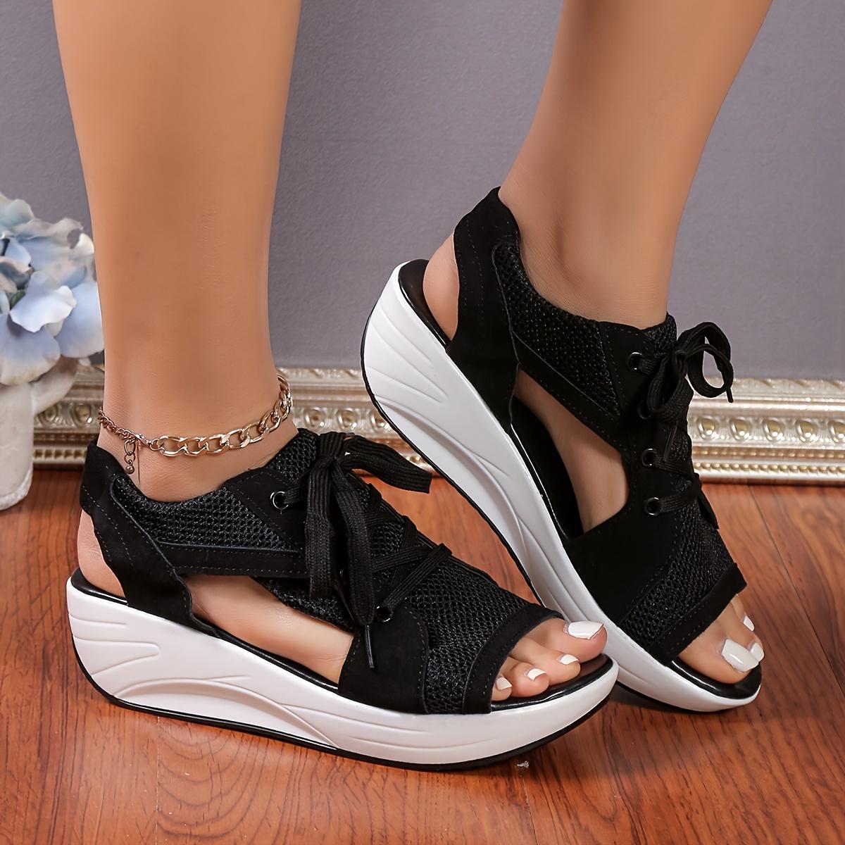 

Женские сандалии на танкетке «рыбий рот» — дышащие пляжные сандалии на толстой платформе со шнуровкой, повседневная одежда, стильная обувь 38 чёрный