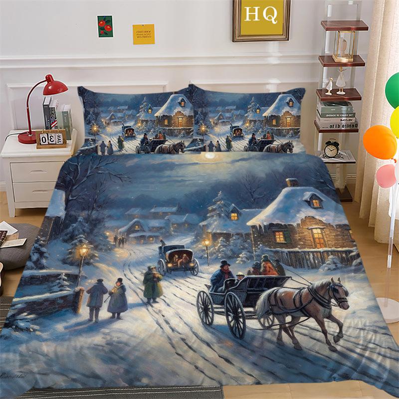 Christmas Snow Scene 3D Printed Polyester Pillowcase Quilt Cover Two Or Three Piece Set