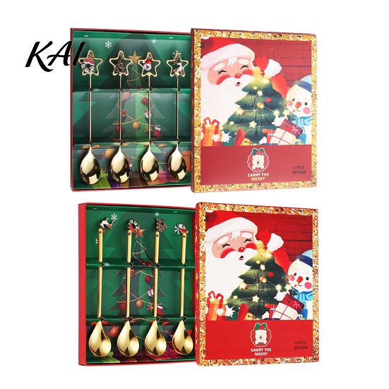 Kitchen Gadgets for Parties 4Pcs Christmas Stainless Steel Spoons, Coffee Stirring Xmas Dessert Teaspoons Serving Spoons with Gift Box, Holiday