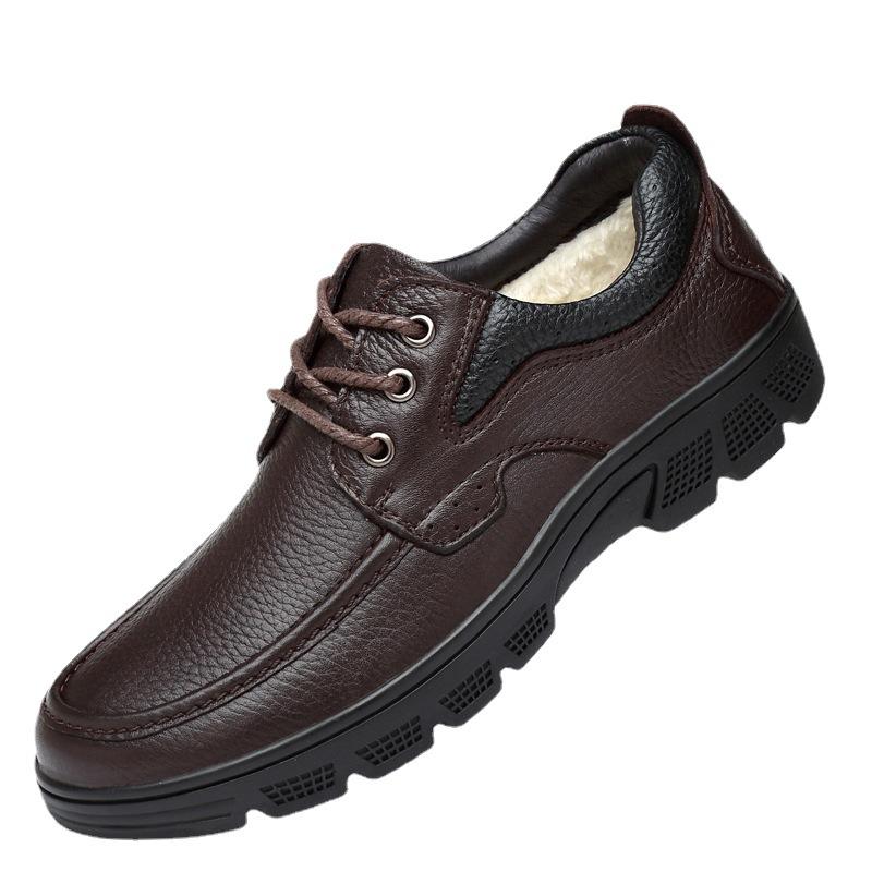 Autumn and winter leather single shoes large size business and leisure first-layer cowhide lace-up leather shoes men's velvet warm men's shoes