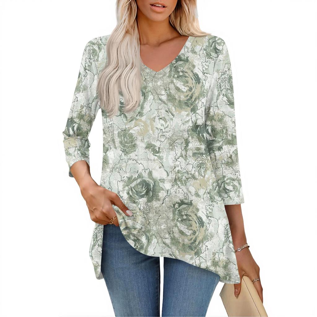 Womens Tops V-neck 3/4 Sleeve Blouses Casual Mid-length Shirts Fashion Print Tunic Tops