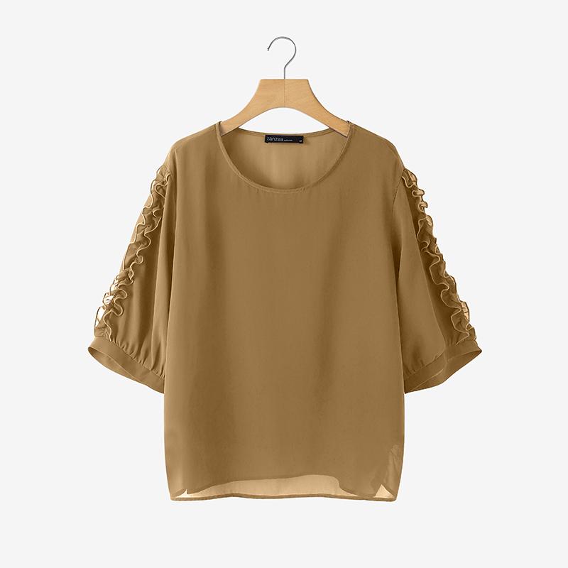 

ZANZEA Жіноча повсякденна блузка з круглим вирізом, однотонна, з рукавом 3/4, вільного крою S хакі