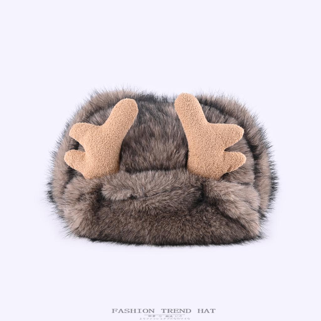 Pluszowa czapka z porożami damska zimowa pogrubiona imitacja futra norki ciepła czapka chroniąca uszy męska czapka na zimno do jazdy na rowerze tide