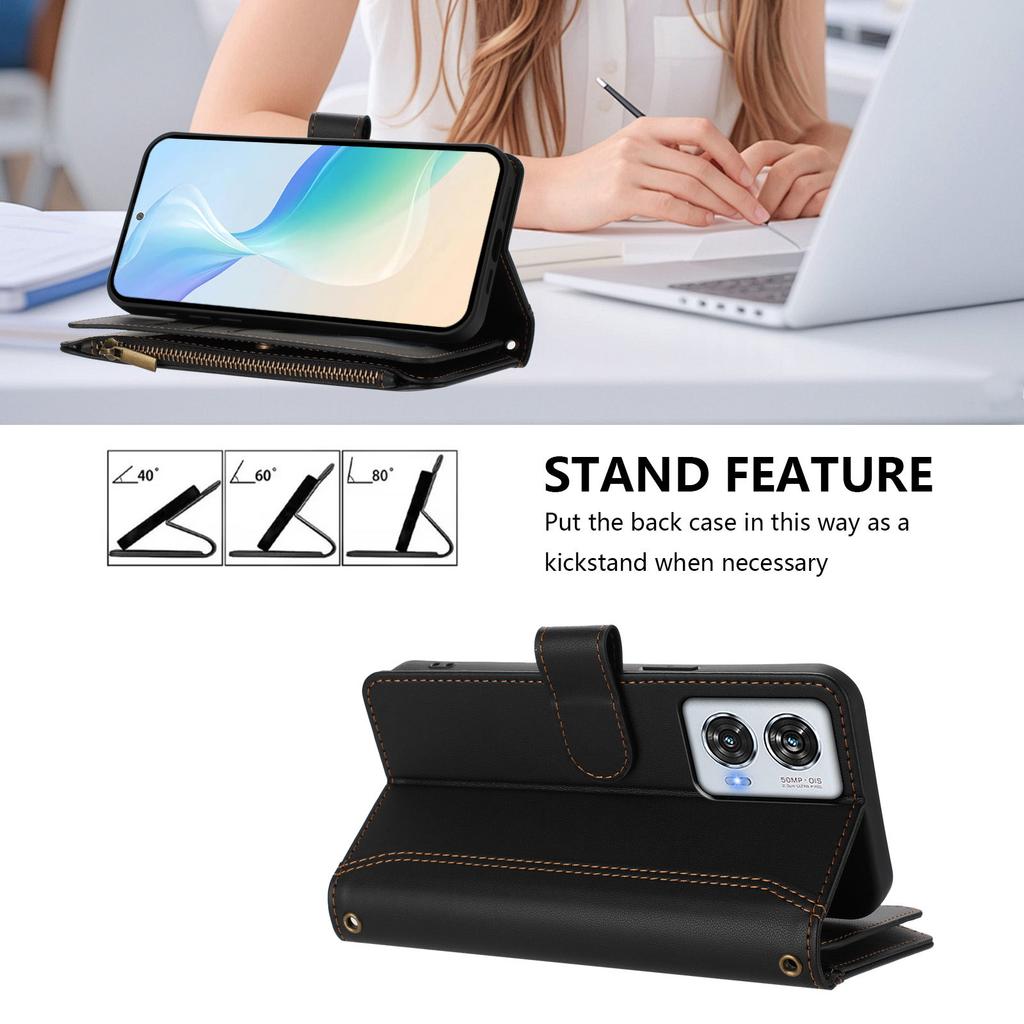 For Motorola Moto G85 5G/Motorola Edge 50 Fusion 5G Leather Case 9 Card Slots Zipper Wallet Stand Phone Cover with Wrist Strap