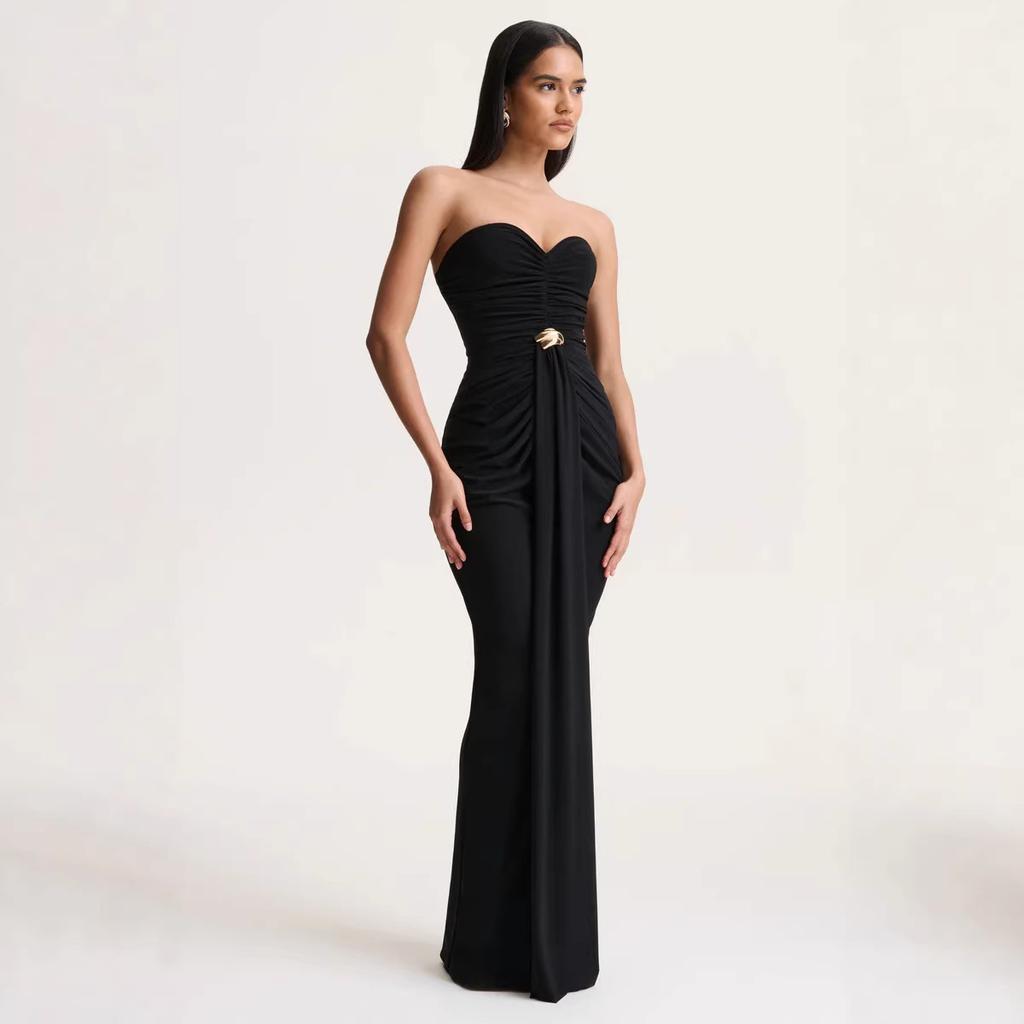 Women's spring new sleeveless waist pleated streamer dress temperament slim tube top dress skirt