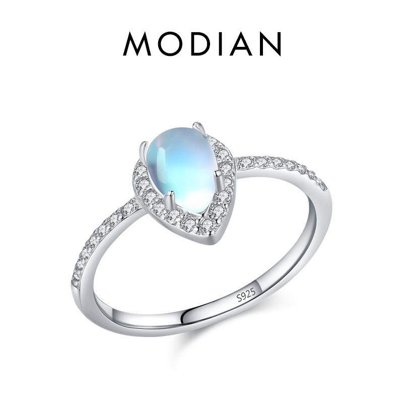 MODIAN 925 Sterlingsølv Utsøkt Vanndråpe Månestein Damefingerring Luksuriøs Skinnende Klar CZ Fint Smykke For Kvinner Gaver