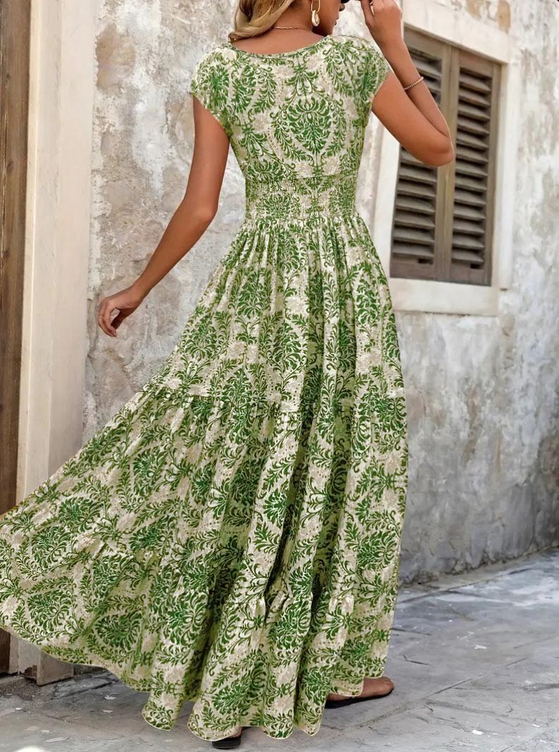Retro Print V Neck Short Sleeve Elegant Long Dress For Women S