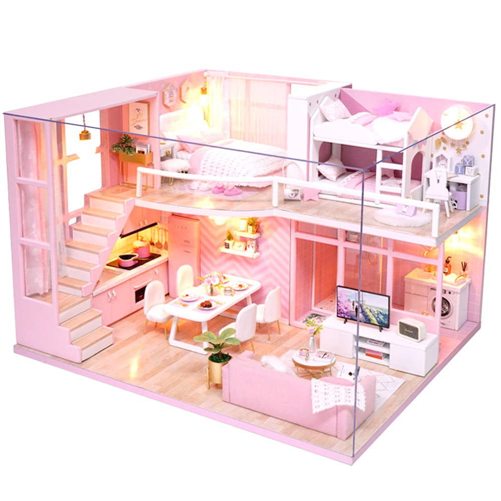 moin moin Scale Dollhouse Miniature DIY Kit Set DIY Model Room Style Modern Pink Floral Design Room Wedding Gift LED Light Acrylic Case 2305dh388 1/24