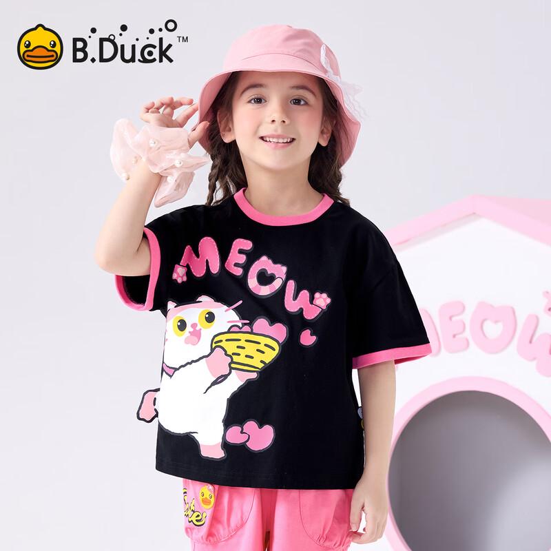 B.Duck Girls  Short Sleeve Cotton T-Shirt with Cat Print 120