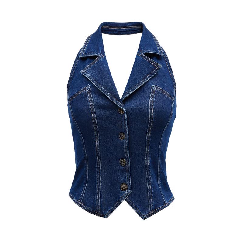 VEROMODA Women's Retro Denim Sleeveless Lapel Vest