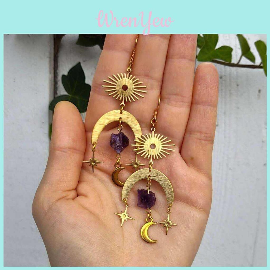 Sun Pendant Earrings With Natural Amethyst Gems For Children Jewelry Fashion