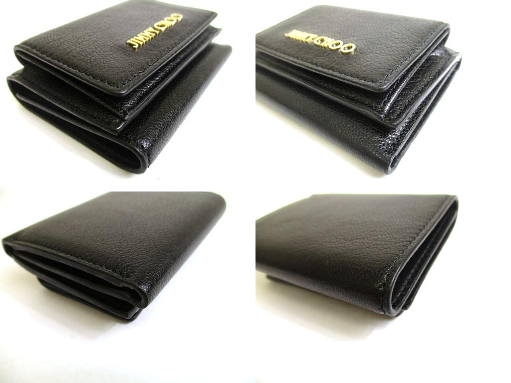 Authentic Jimmy Choo Metal Logo Black Leather Trifold Wallet Compact Wallet NAIMA #a789  Refurbished