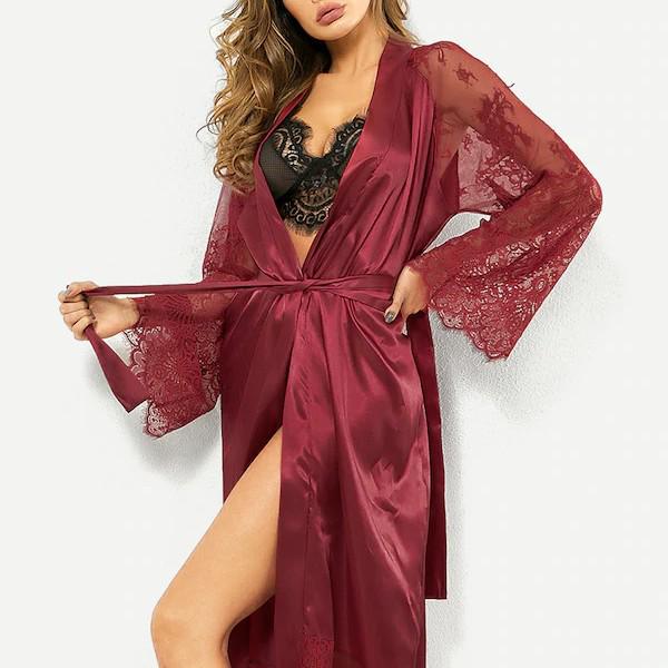 Plus Size Lace Trim Long Robe - European and American Style Erotic Lingerie Nightgown