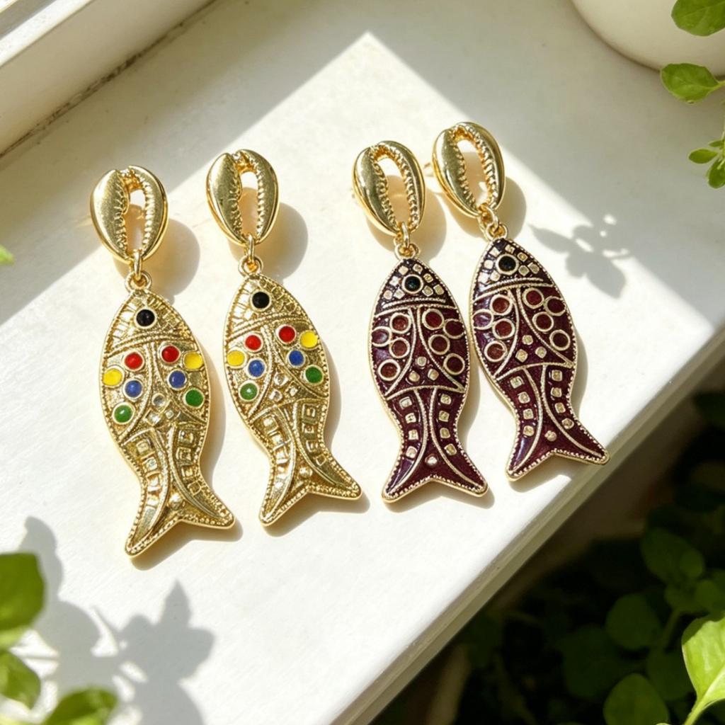 Ethnic Nepalese Style Small Fish Pendant Color Oil Dripping Goldfish Earrings for Women