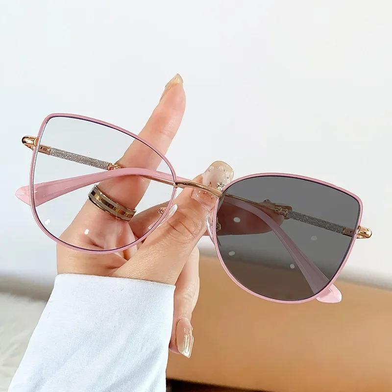 Cat Eye Metal Pochromic Glasses Glitter Anti Blue Light Glasses Retro Round Metal Frame Anti Blue Light Computer Glasses