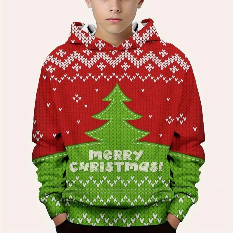 Children's Clothing Christmas Funny Santa and Tree 3D Print Boys Hoodies Casual Autumn Pullover Long Sleeve Outdoor Sweatshirt