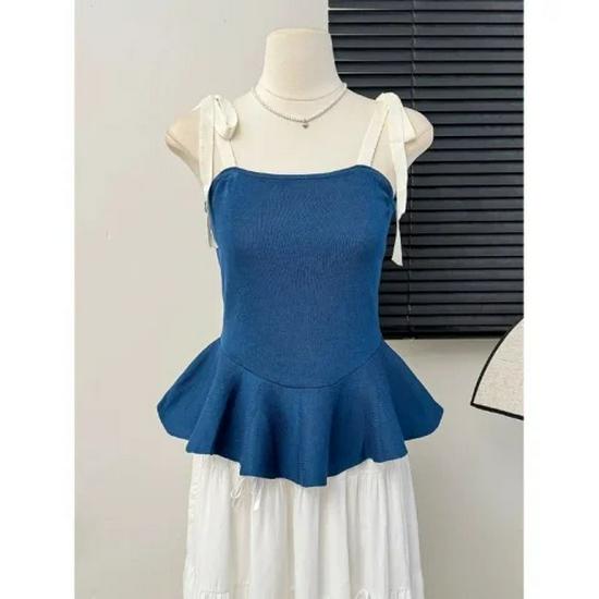 

Сладкий трикотажный топ без рукавов с рюшами и шнуровкой - Корейский стиль One Size - Premium Version синий