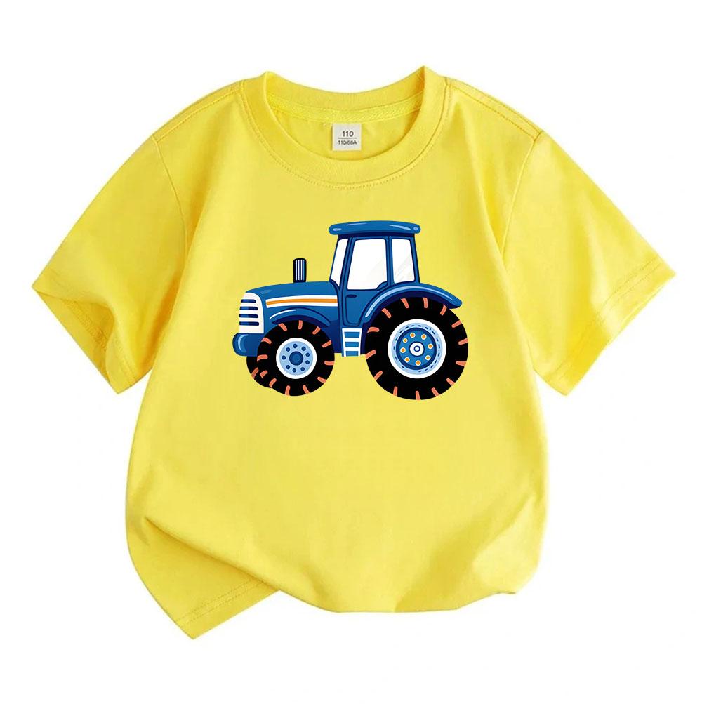 Kids Boys Girls 100% Cotton Crew Neck Short Sleeve T-Shirt, Cute Blue Cartoon Tractor Print Casual Summer Tee Tops for Children Daily Wear