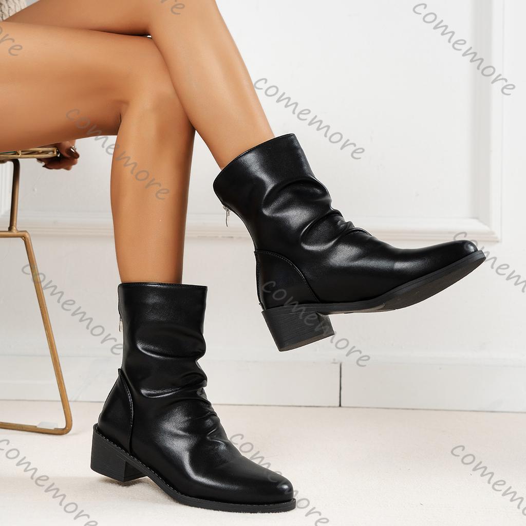 Comemore Pleated Ankle Boots Ladies Thick Medium Heeled Women's Shoes Large Size Soft Leather Short Botines Autumn Shoes