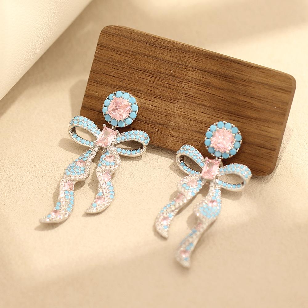 Light luxury niche pink and blue bow earrings, gold-plated temperament versatile 925 silver needle stud earrings, women's models
