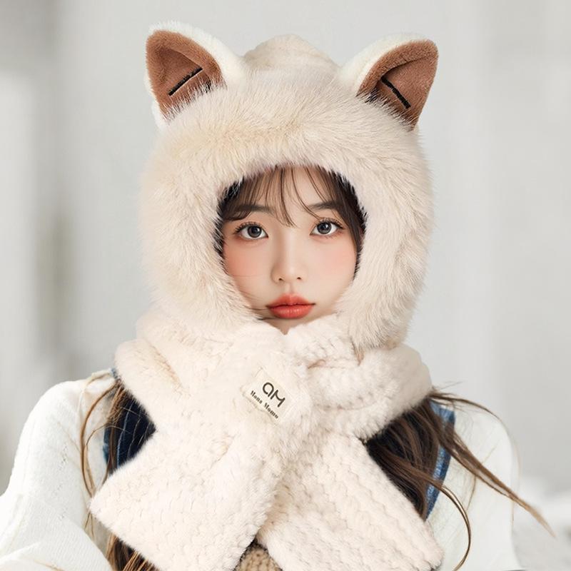 Winter little fox ears plush hat women's scarf integrated warm one piece plush thickened scarf cold two