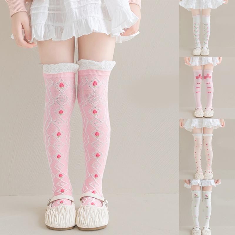Children's Knee Length Cotton Socks Baby Girls Long Tube Socks Soft Stockings Flower Pattern for School Uniforms