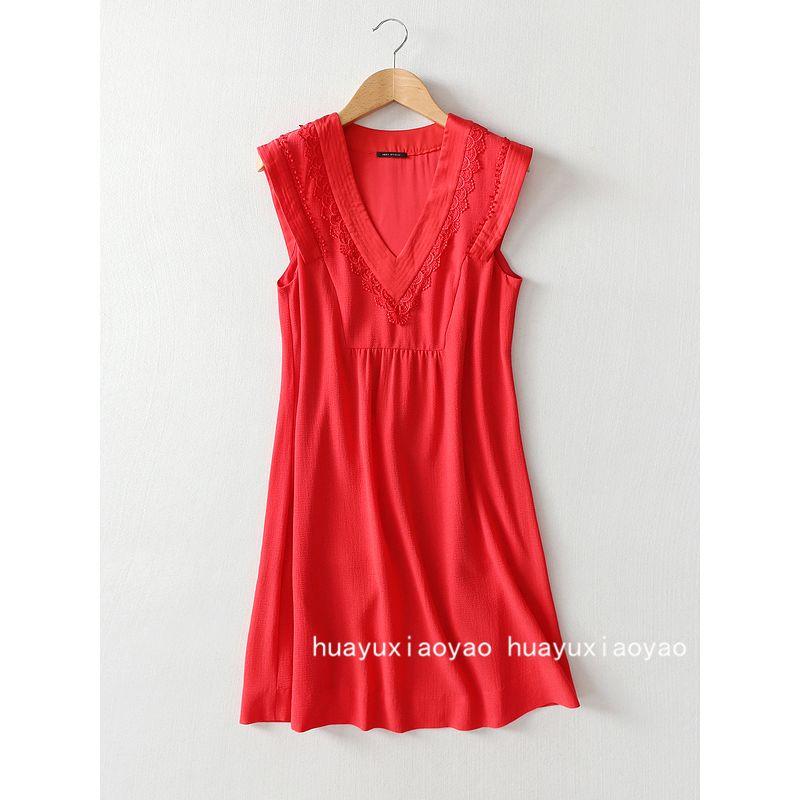 

[Big Sale No Change] Export Export Tail Order Simple Graceful V Neck Crocheted Dress Sleeveless Vest Dress Red Euro -34