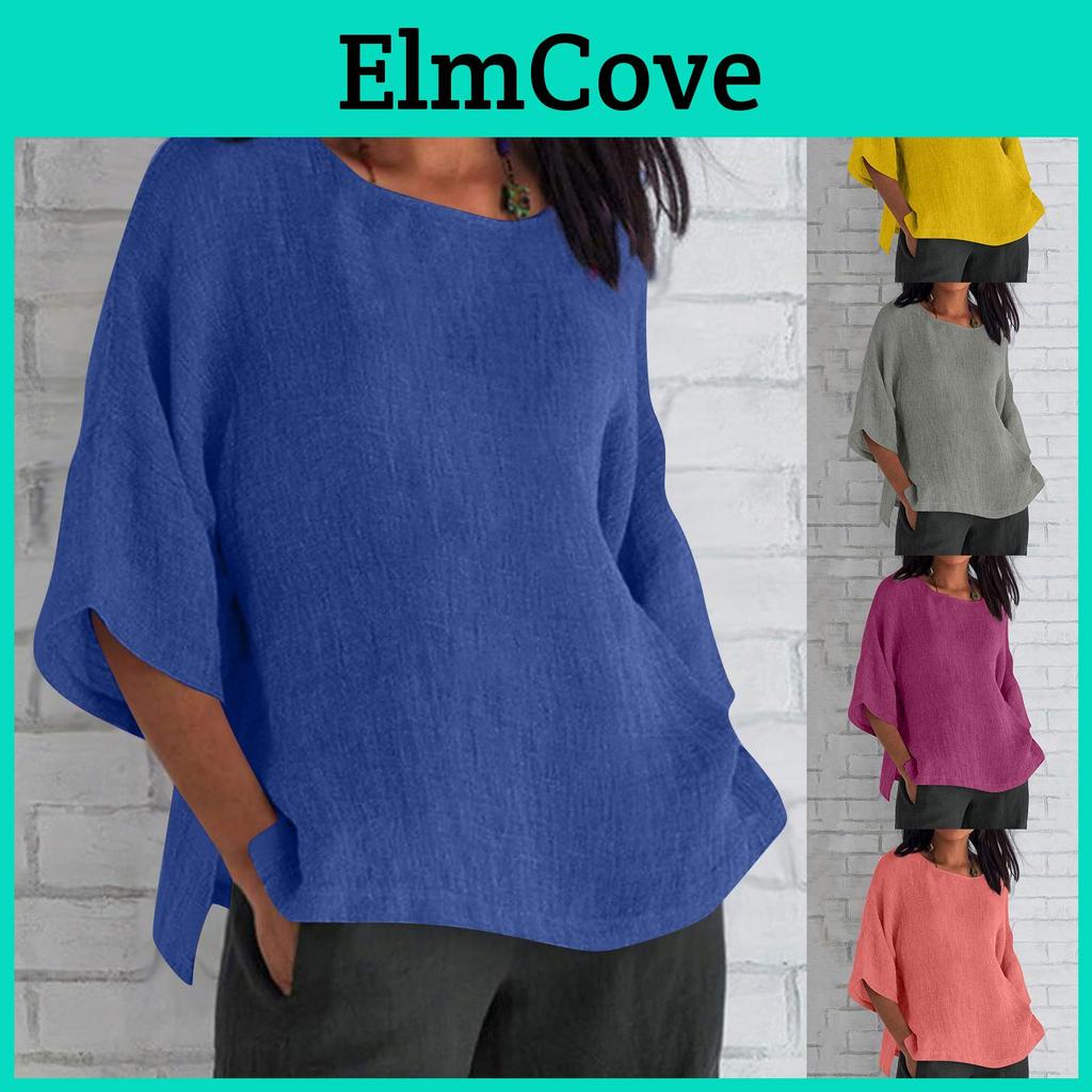 Fashion Ladies Cropped Sleeves Womens Round Neck Cotton Loose Shirt Blouse