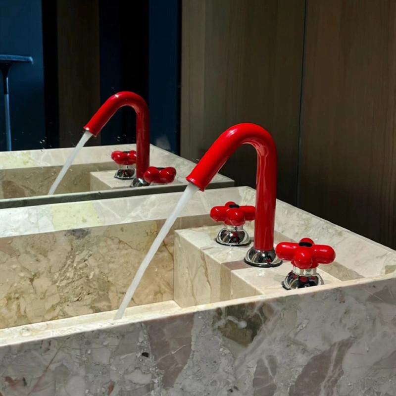 Fashion Lovely Bathroom Basin Faucet 8 inch Widespread Lavatory Mixer Tap Brass Red Green Cross Handle hot and cold Sink Mixer