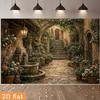 2D Mediterrane Gasse Wandteppich Steinischer Hof mit Brunnen, Treppe und Efeuranken Wandkunst