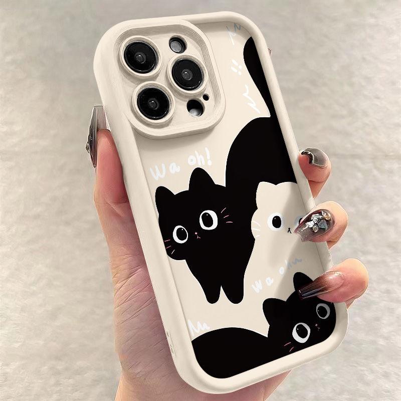 Cartoon Little Black Cat Cute Couple Phone Case For iPhone 16 15 14 13 PRO MAX 11 12 X XS XR 7 8 Plus Mini Y2k Shockproof Cover