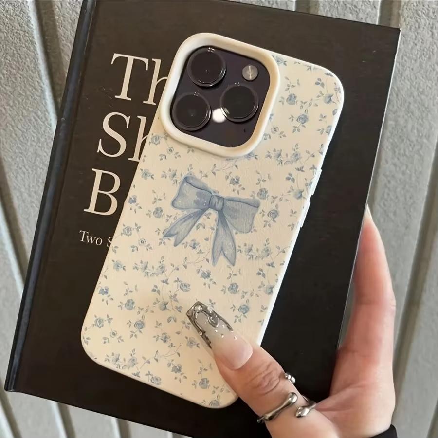 Floral Bow Print Lychee-Textured Phone Case Suitable For iPhone 17 17Air 16 15 Pro Max 14 13 12 11 Pro Max Soft TPU Back Cover