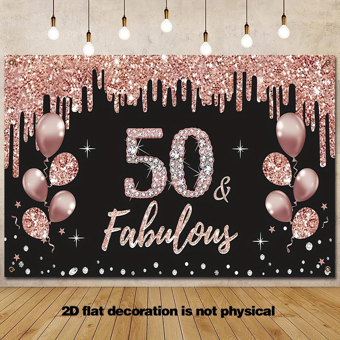 50th Birthday Party Banner - Pink Glitter Design,  50 & Fabulous  Text, Balloons and Star Design, Polyester 100x150cm бордовый