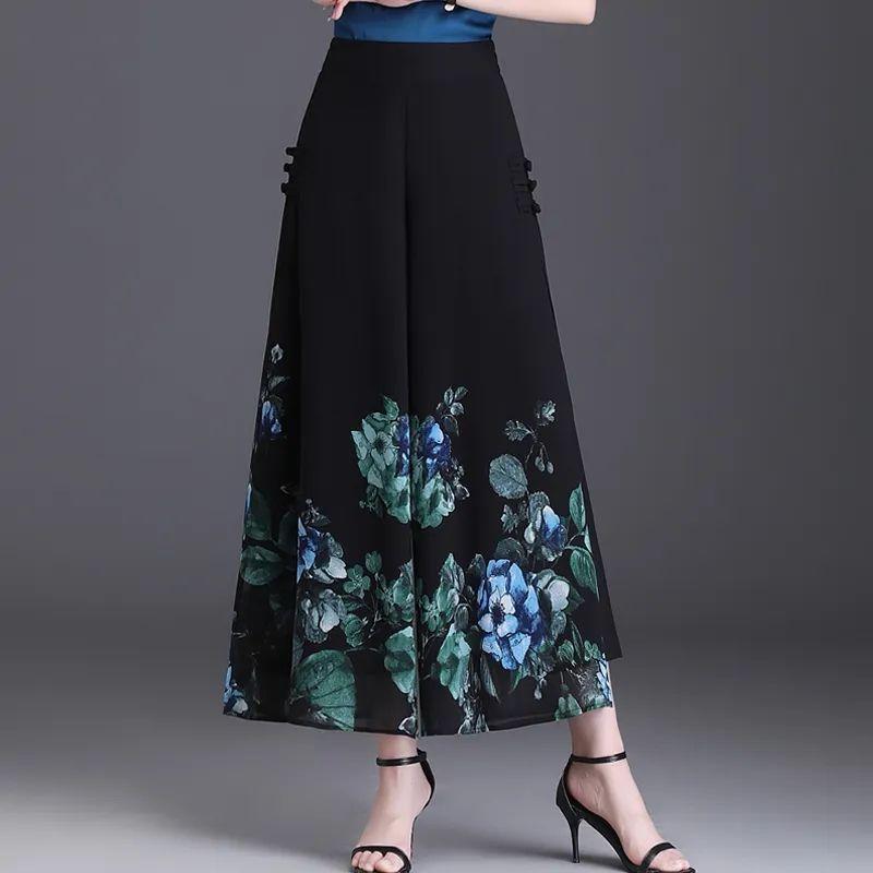Women's Chiffon Wide Leg Pants Summer Chinese Style Floral Pants Skirt Pants Loose High Waist Retro Pants Skirt