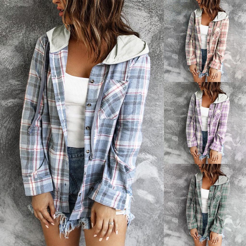 Dámský volný top kostkovaný barevný blok s dlouhým rukávem ležérní dámská halenka, kabát, košile bunda