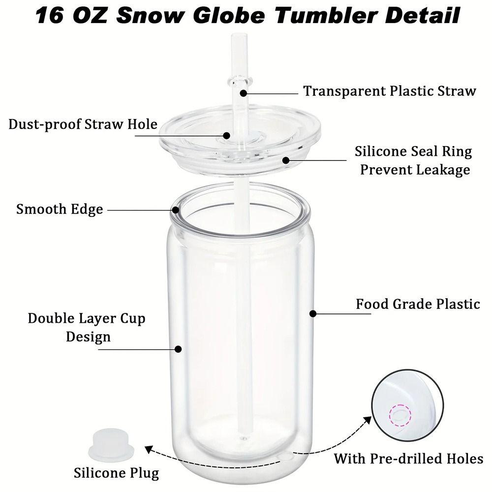 Reusable Mason Jar Cups Break-Resistant Snow Globe Tumbler Gift Water Bottles Holiday Gifts