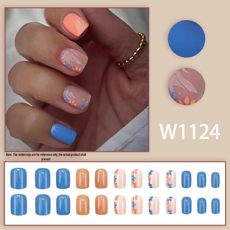 

Blue and Orange Floral Nail Art: Cute Fashionable Short False Nails