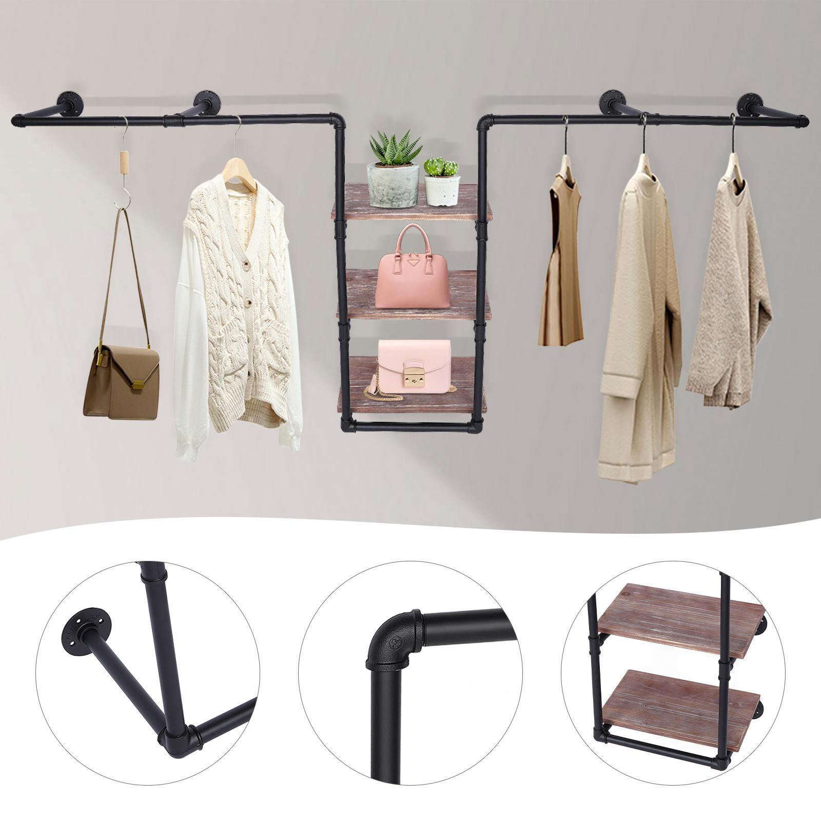 

Промышленная вешалка для одежды из труб с 3-ярусными полками из массива дерева, деревенская штанга для подвешивания одежды, многоцелевая настенная полка-дисплей