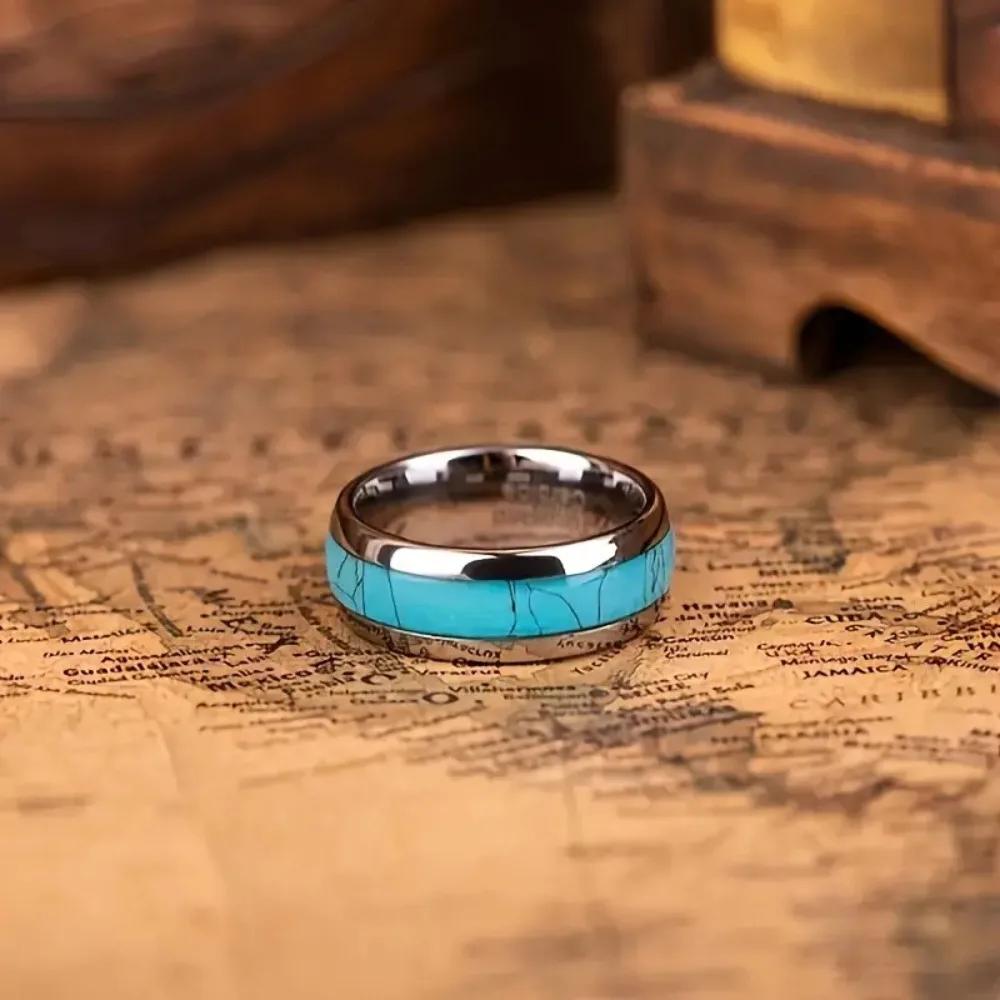 Hot Inlay Blue Turquoise Rings  8MM Men Stainless Steel Rings for Men Women Wedding Engagement Band Jewelry Gift Dropship