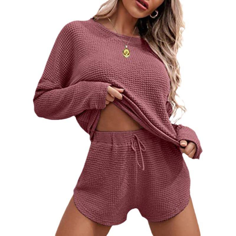 2026 Women Knit Pajama Set, Long Sleeve Top & Shorts, Casual Loungewear Home Sportswear