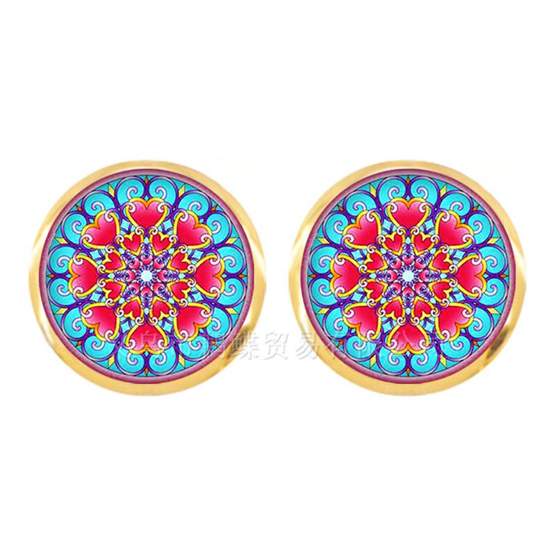 Enamel Mandala Lotus Earrings Henna Yoga Jewelry Stud Earrings For Women Charm Art Picture OM Symbol Buddhism Zen Glass Jewelry