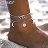 [Q]Women's Double Bohemian Heart Anklet Love Personality Simple Layered Summer Beach Foot Ankle Bracelet Leg Chain