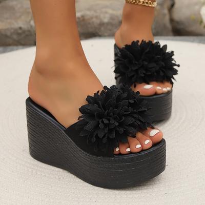 Sandales compensées pour femmes, pantoufles d'été, de plage, à plateforme, à fleurs, à talons hauts, grande taille 44, sandales tendance pour femmes